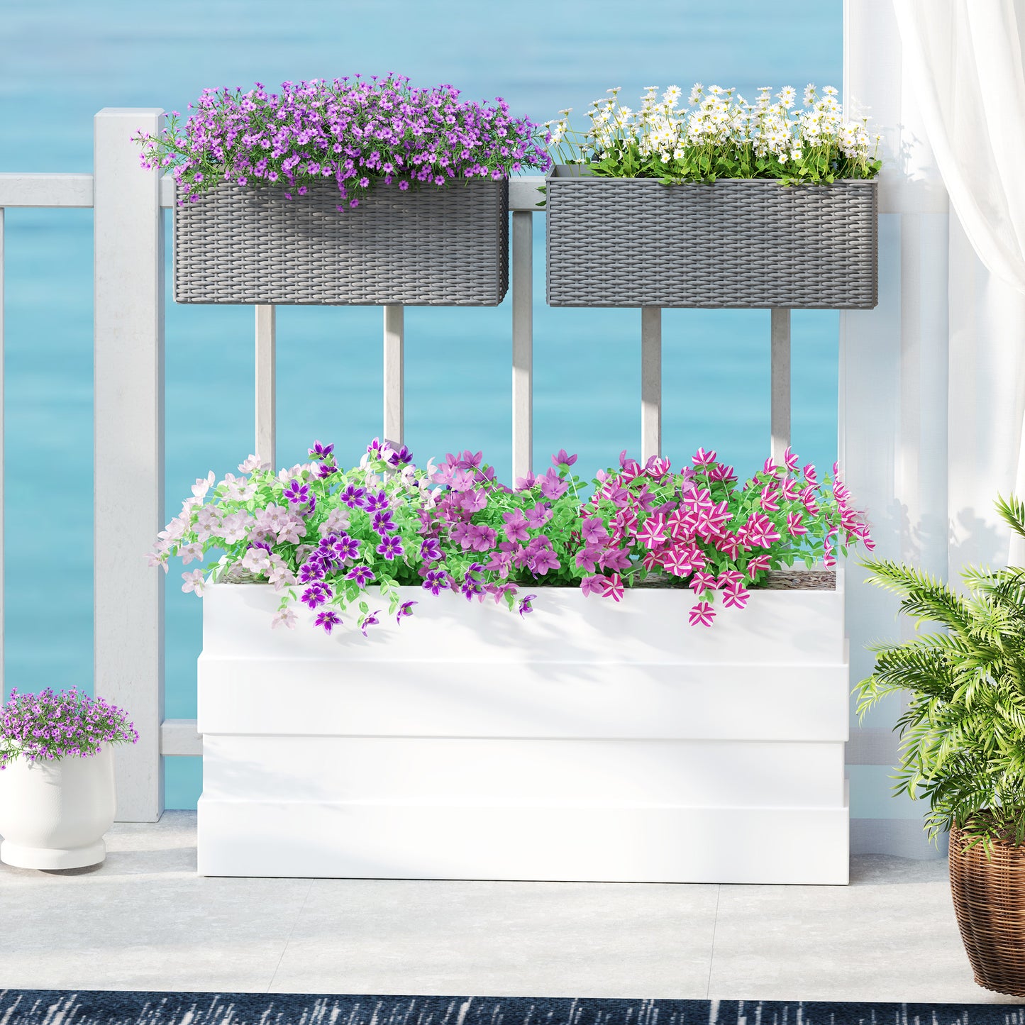 Outsunny Set Of Two Rattan Effect Planters With Hooks For Balconies Railings Grey