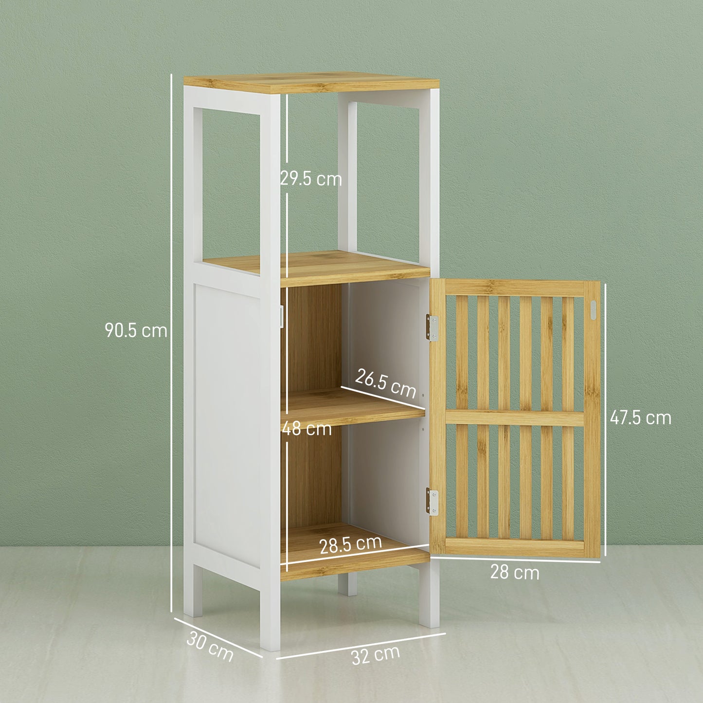 HOMCOM Bamboo Blend Retro Cut Out Bathroom Storage Cabinet with Cupboard and Adjustable Shelves Slim Unit