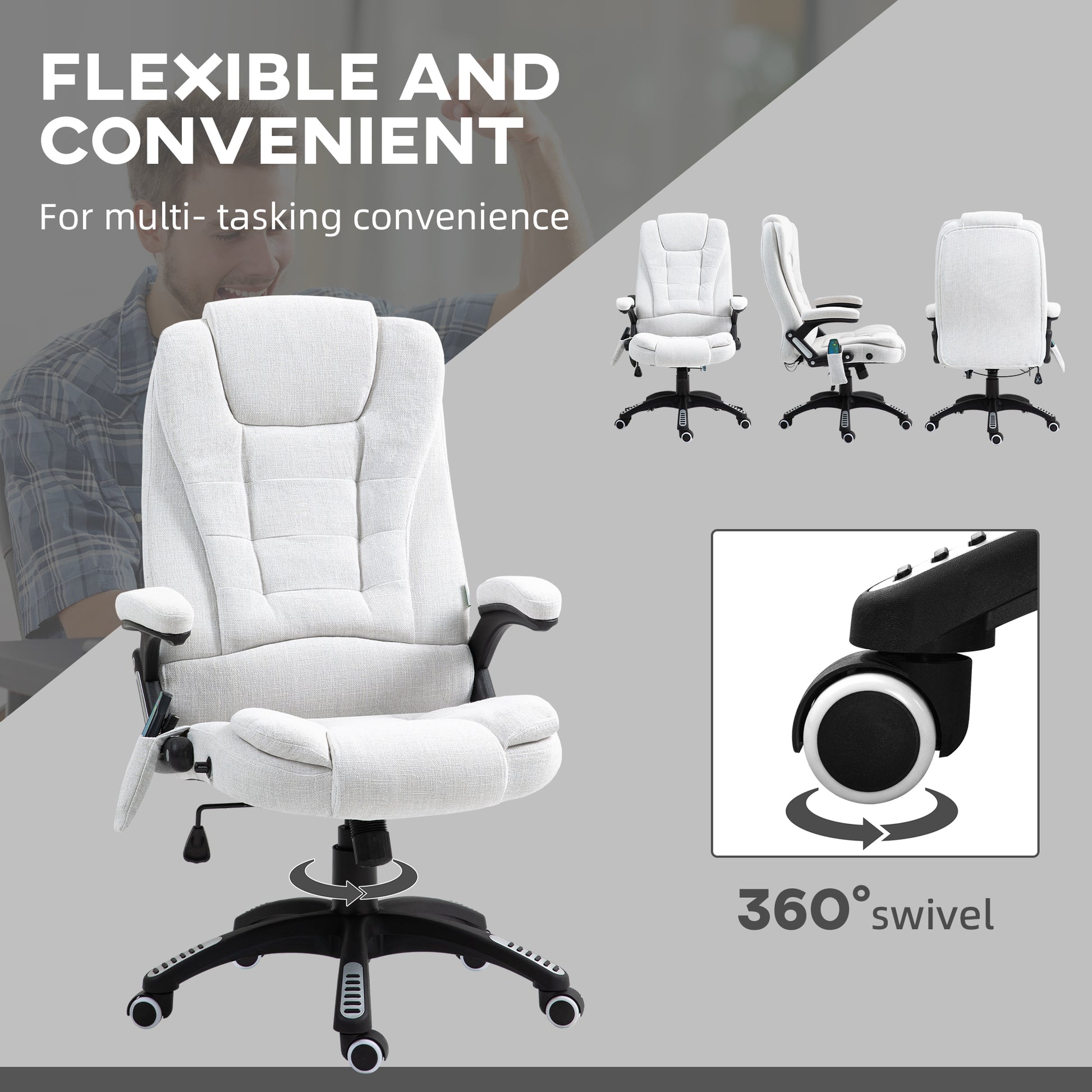 Vinsetto Heated Massage Recliner Office Chair with 6 Massage Points, Swivel Wheels, and Cream White Linen Fabric - ALL4U RETAILER LTD