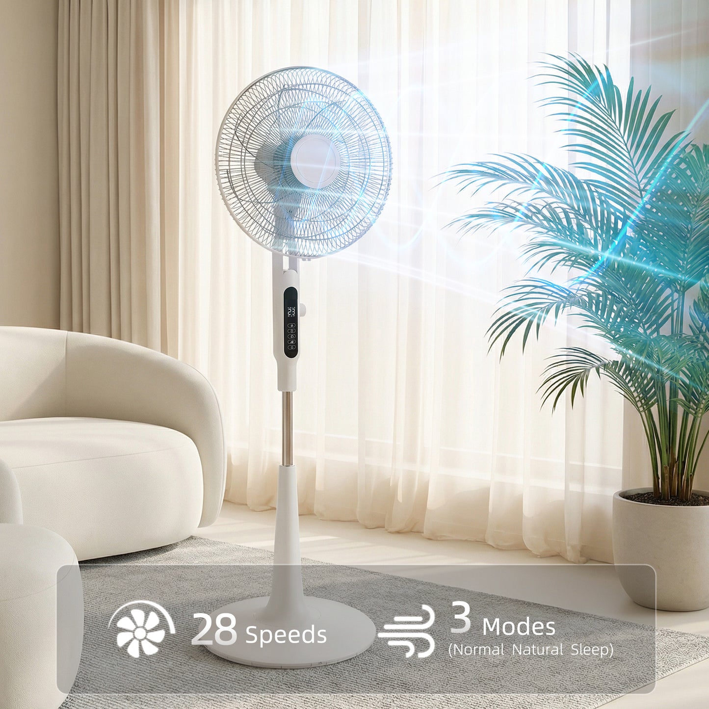 HOMCOM Pedestal Fan With Insect Repellent Box And LED Panel Three Modes Normal Natural Sleep 28 Speeds White