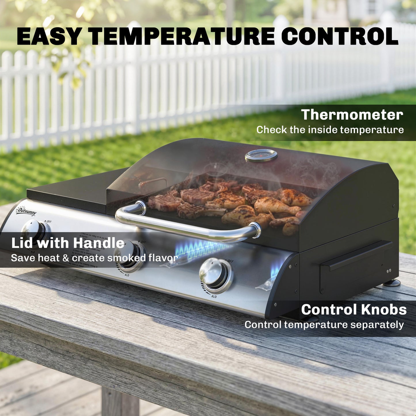 Outsunny 3 Burner Portable Gas Plancha Grill With Griddle And Thermometer Seven Point Five Kilowatts Tabletop Black