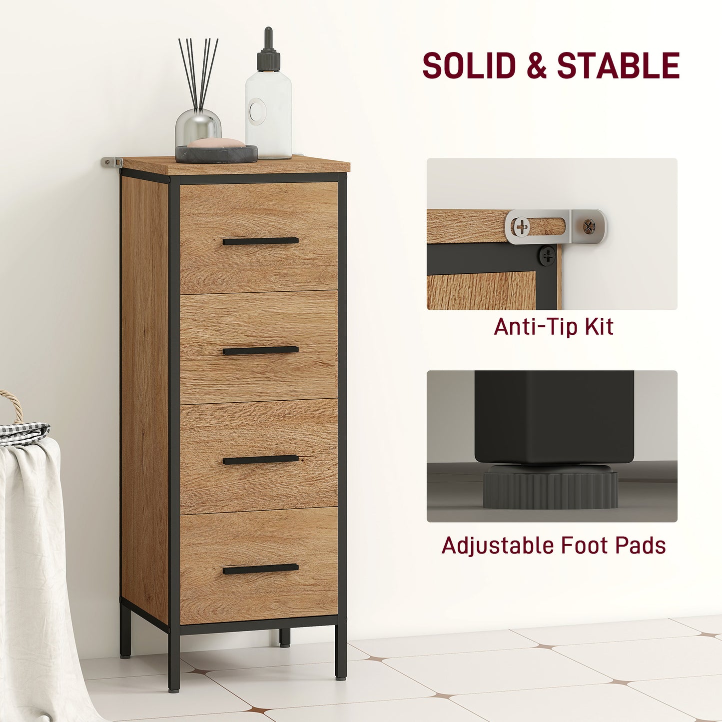HOMCOM Narrow Bathroom Storage Cabinet With Four Drawers In Oak Finish For Small Bathrooms