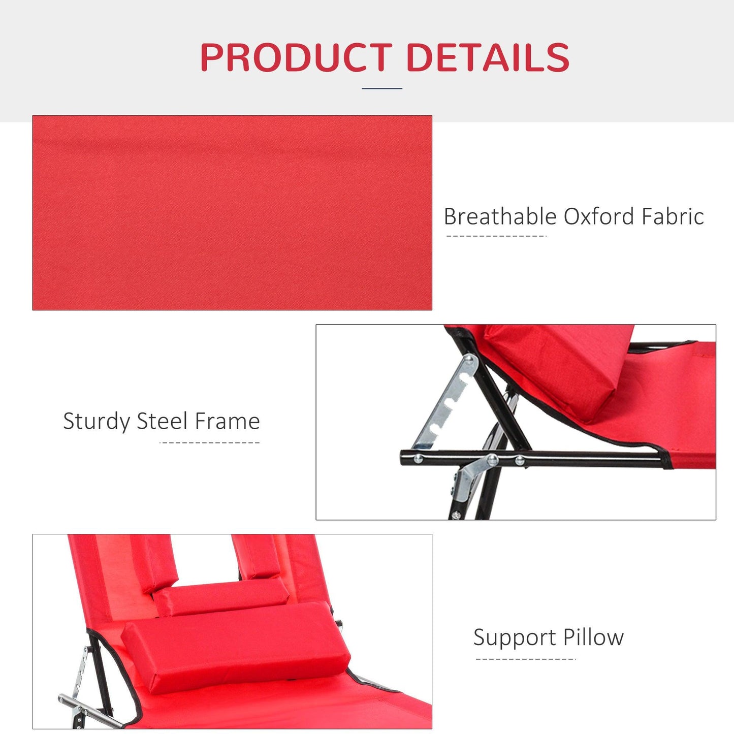 Outsunny Foldable Outdoor Sun Lounger Adjustable Backrest Reclining Chair with Pillow and Reading Hole Garden Beach, Red - ALL4U RETAILER LTD