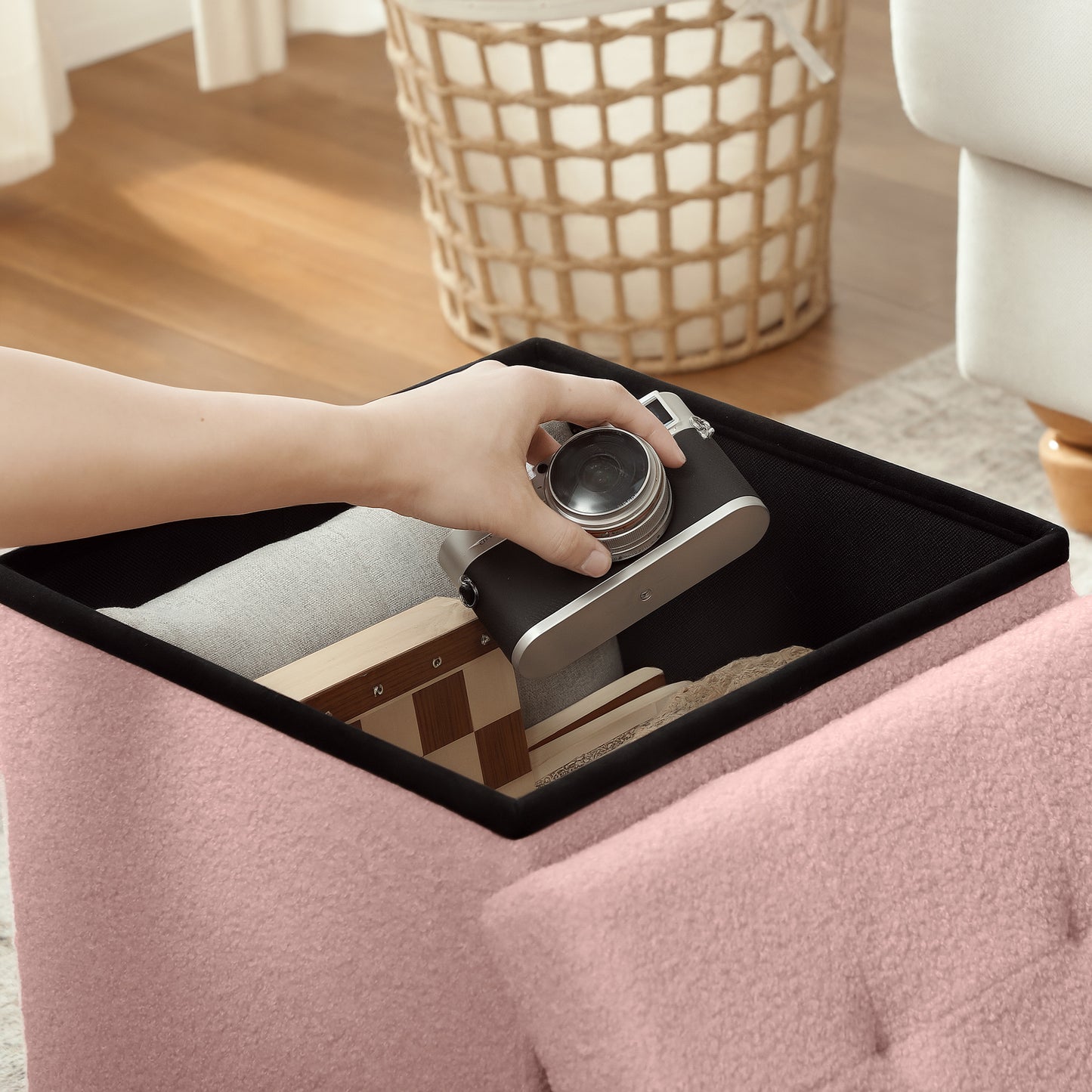 HOMCOM Foldable Sherpa Fleece Storage Ottoman Pink with High Density Foam Soft Touch Upholstery for Small Spaces