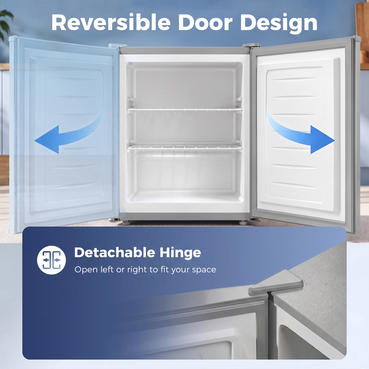 Open grey mini freezer with reversible door and wire shelves