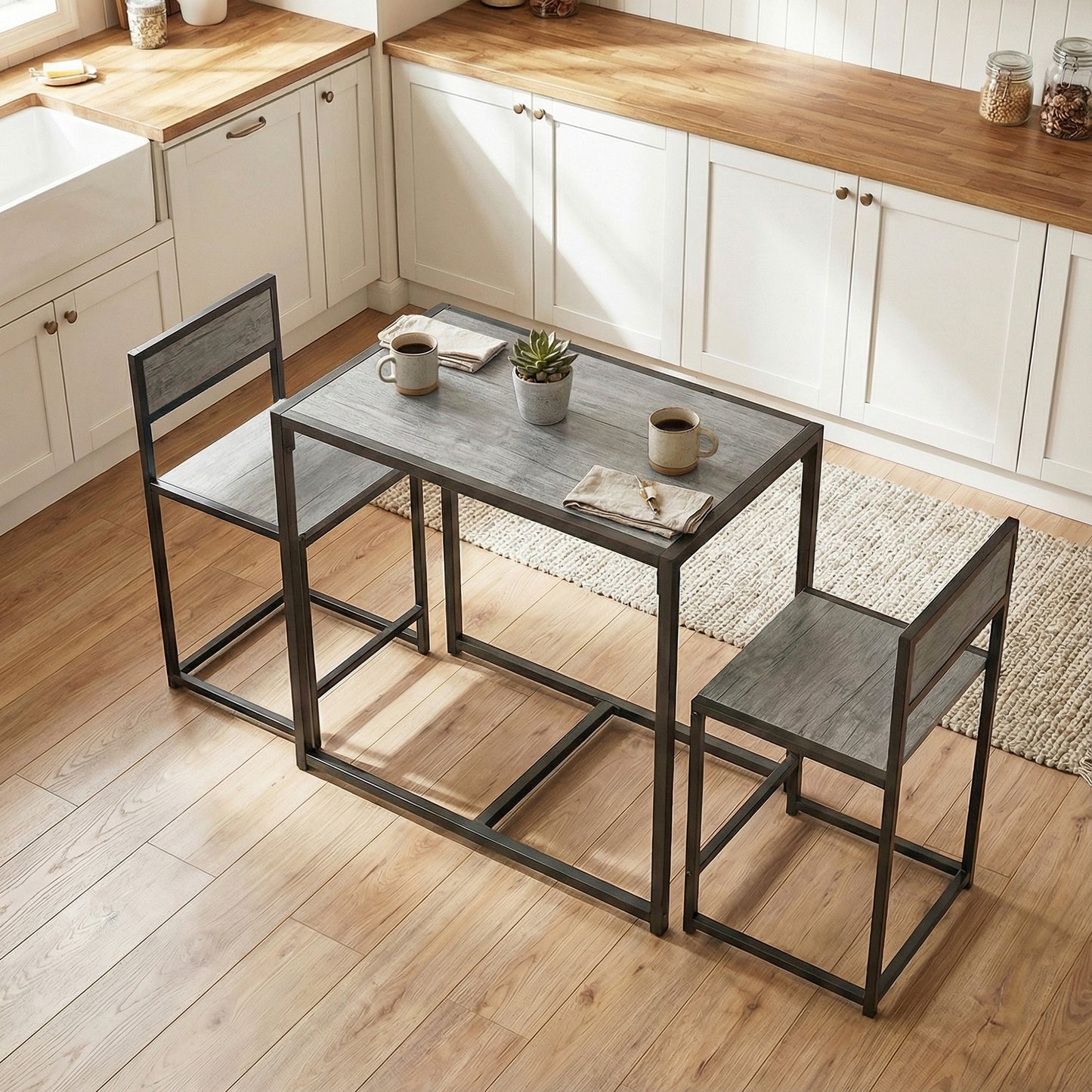HOMCOM 3 Piece Table and Stool Set Charcoal Grey Wood Effect with Chestnut Brown MDF Panels