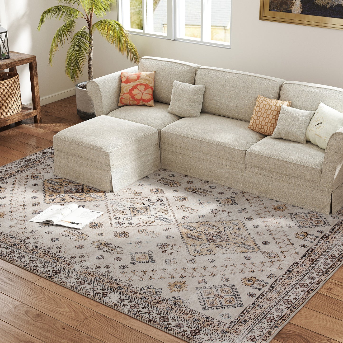 HOMCOM Vintage Area Rug 290 x 200 cm Beige Non Slip Washable Flannel Floor Carpet for Living Room