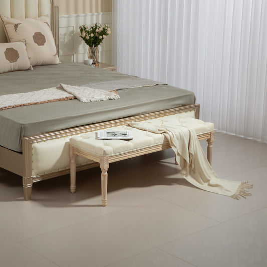 HOMCOM Vintage Wooden Bed End Bench Cream White With Button Tufted Top And Distressed Wood Frame