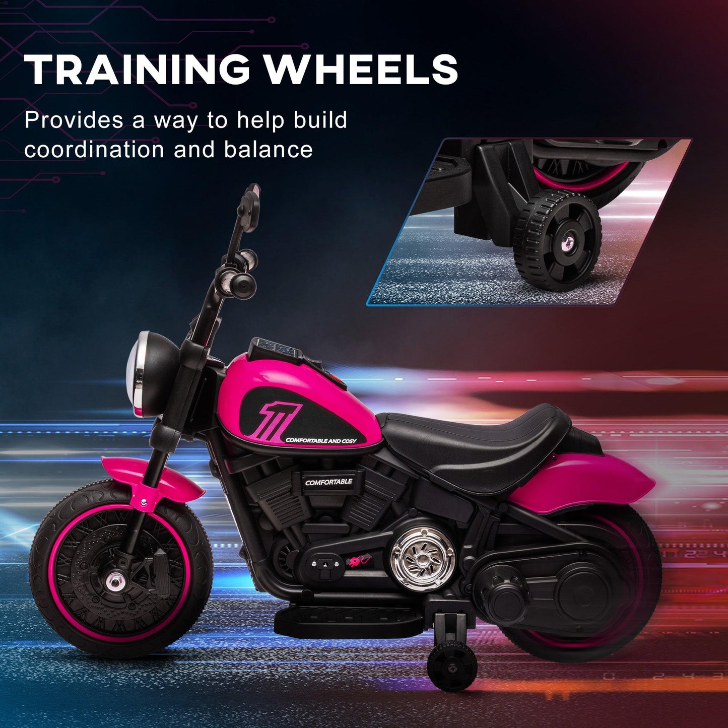 HOMCOM 6V Electric Motorbike with Training Wheels, One-Button Start - Pink - ALL4U RETAILER LTD