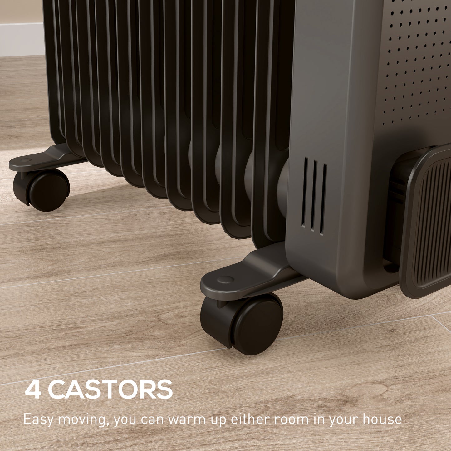 HOMCOM 2500W Oil Filled Radiator With 11 Fin Portable Electric Heater 3 Heat Settings Safety Cut Off And Wheels Grey