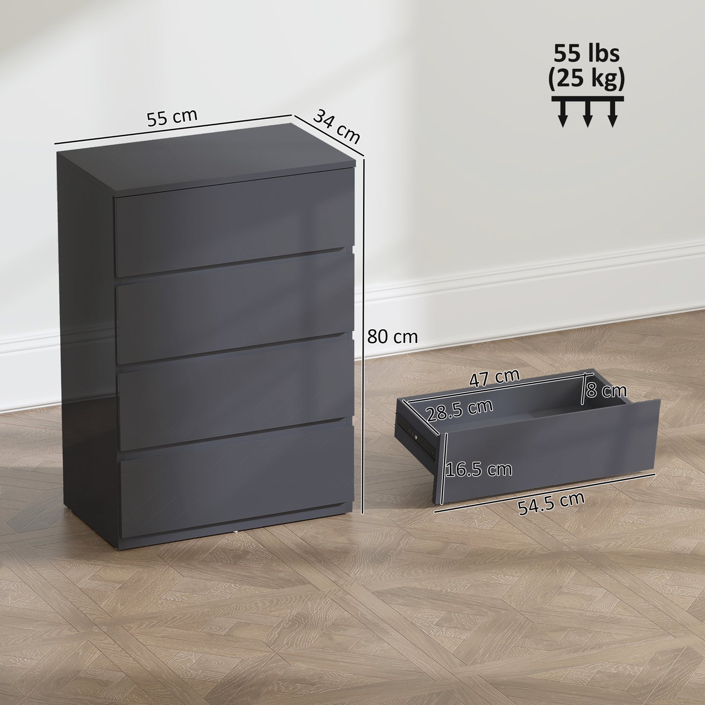 HOMCOM High Gloss Chest Of Drawers 4 Drawer Storage Cabinet Modern Bedroom Dresser Grey