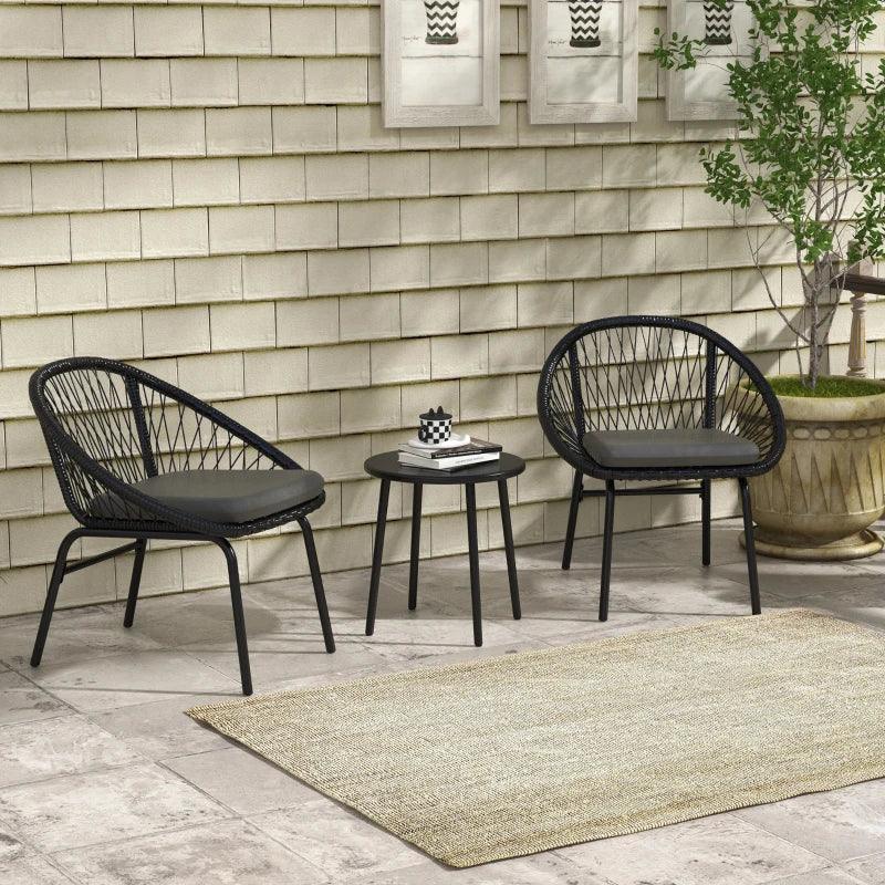 Outsunny 3 Piece Garden Furniture Set with Cushions - Round PE Rattan Bistro Set with 2 Armchairs & Metal Plate Coffee Table - Conversation Furniture Sets in Black - ALL4U RETAILER LTD