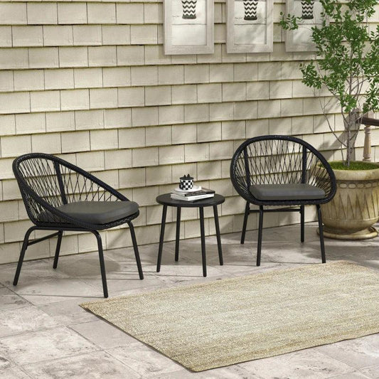 Outsunny 3 Piece Garden Furniture Set with Cushions - Round PE Rattan Bistro Set with 2 Armchairs & Metal Plate Coffee Table - Conversation Furniture Sets in Black - ALL4U RETAILER LTD