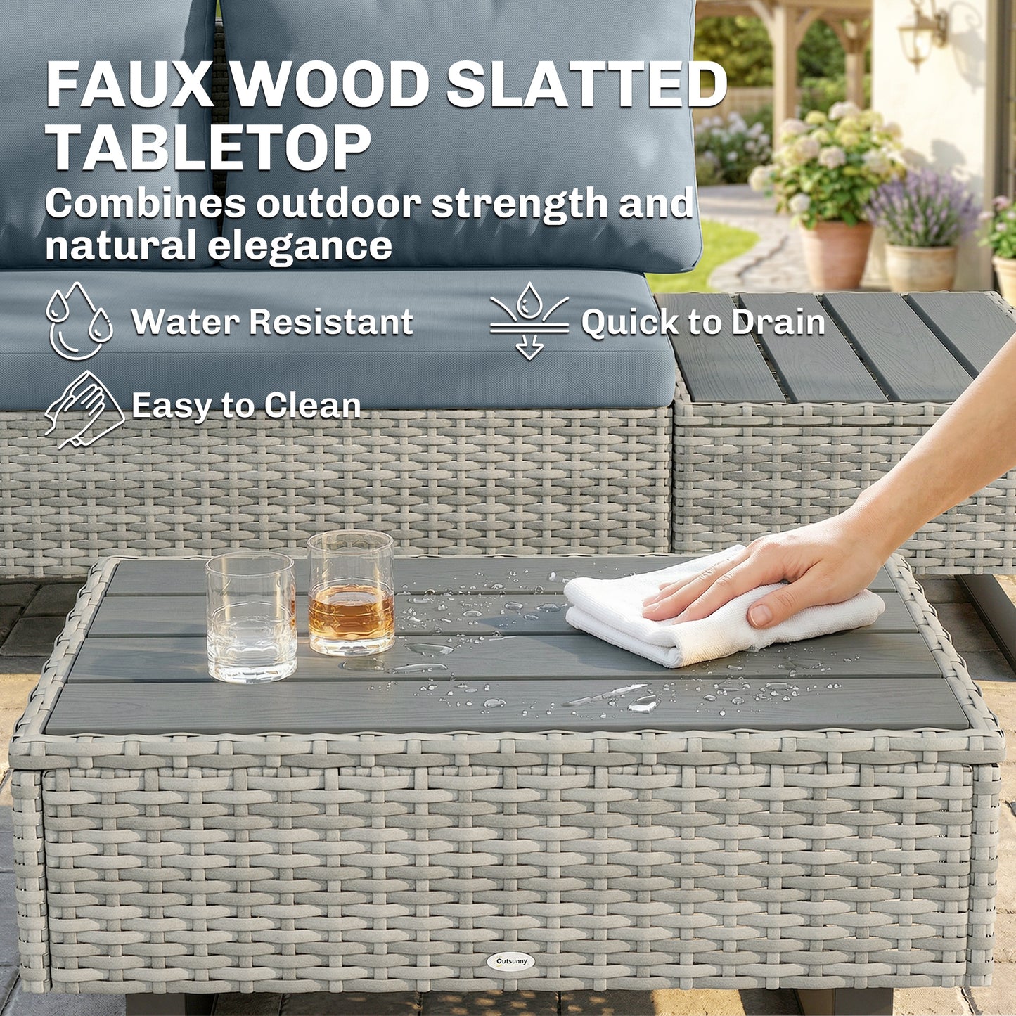 Outsunny 5 Seater Rattan Garden Furniture Set L Shaped Corner Sofa With Adjustable Back And Faux Wood Table Tops Grey