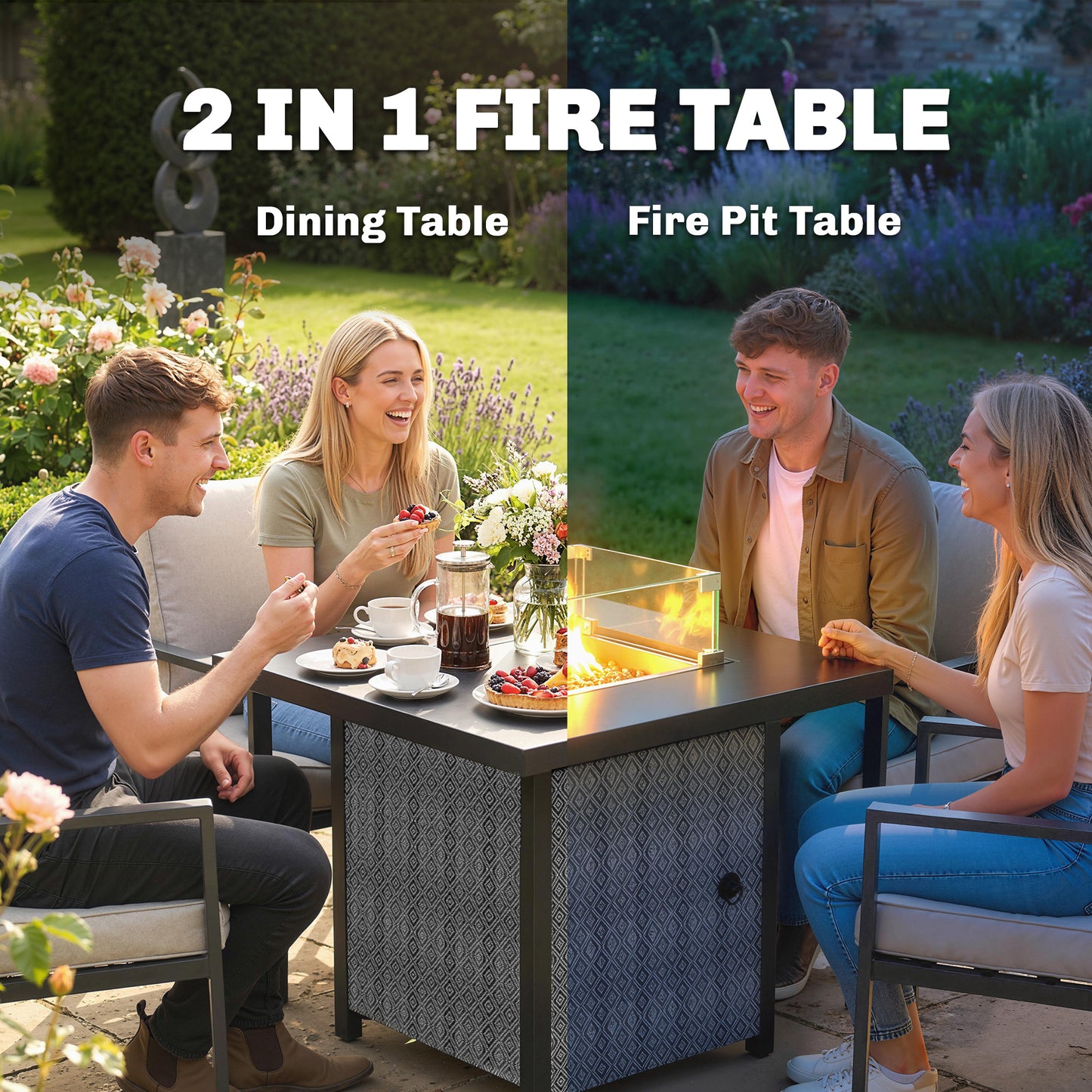 Outsunny Propane Gas Fire Pit Table Outdoor Garden 11.7 KW Smokeless Heater With Wind Guard Glass Rocks Lid Black
