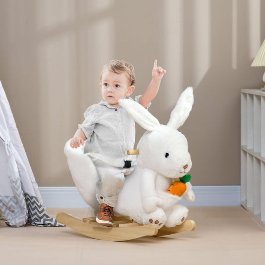 HOMCOM Kids Rabbit-Shaped Rocking Horse w/ Realistic Sounds, Safety Belt - White - ALL4U RETAILER LTD