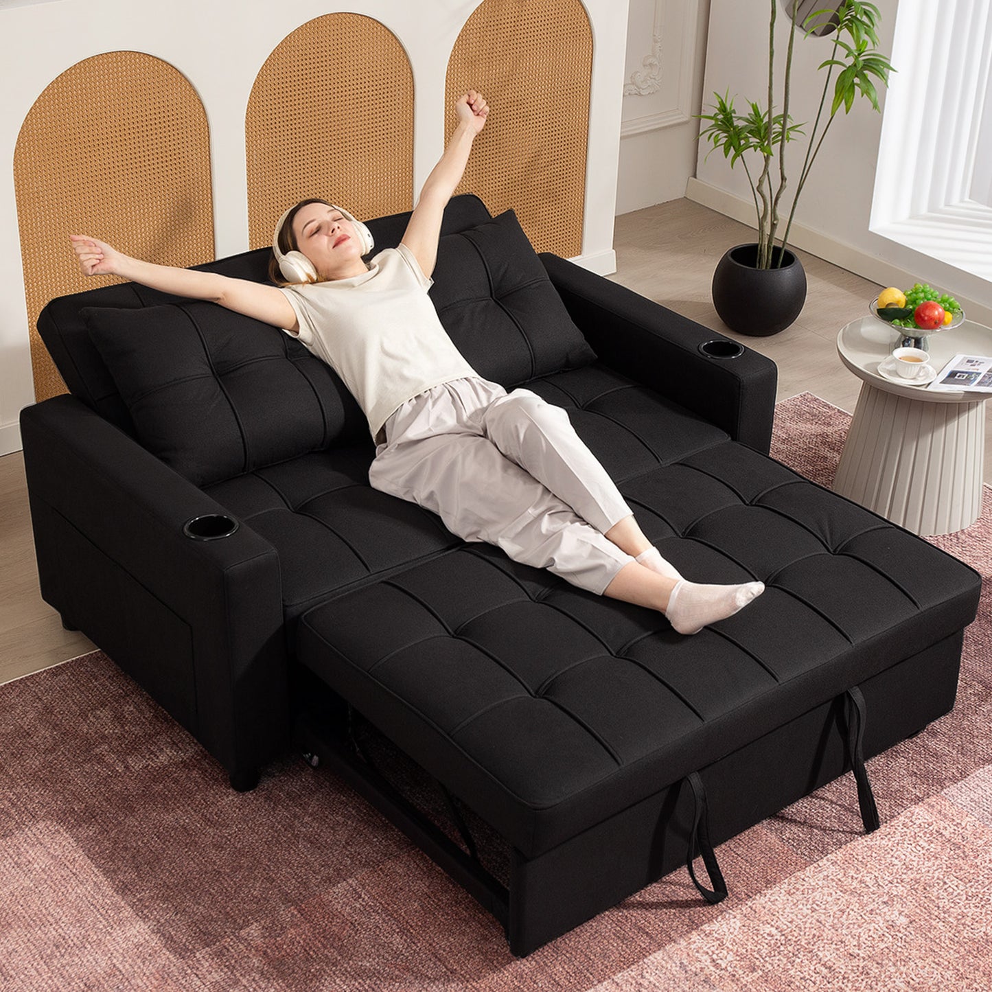 HOMCOM Two Seater Pull Out Sofa Bed In Black With 157 X 190 Cm Bed Size And High Density Foam Cushioned Comfort