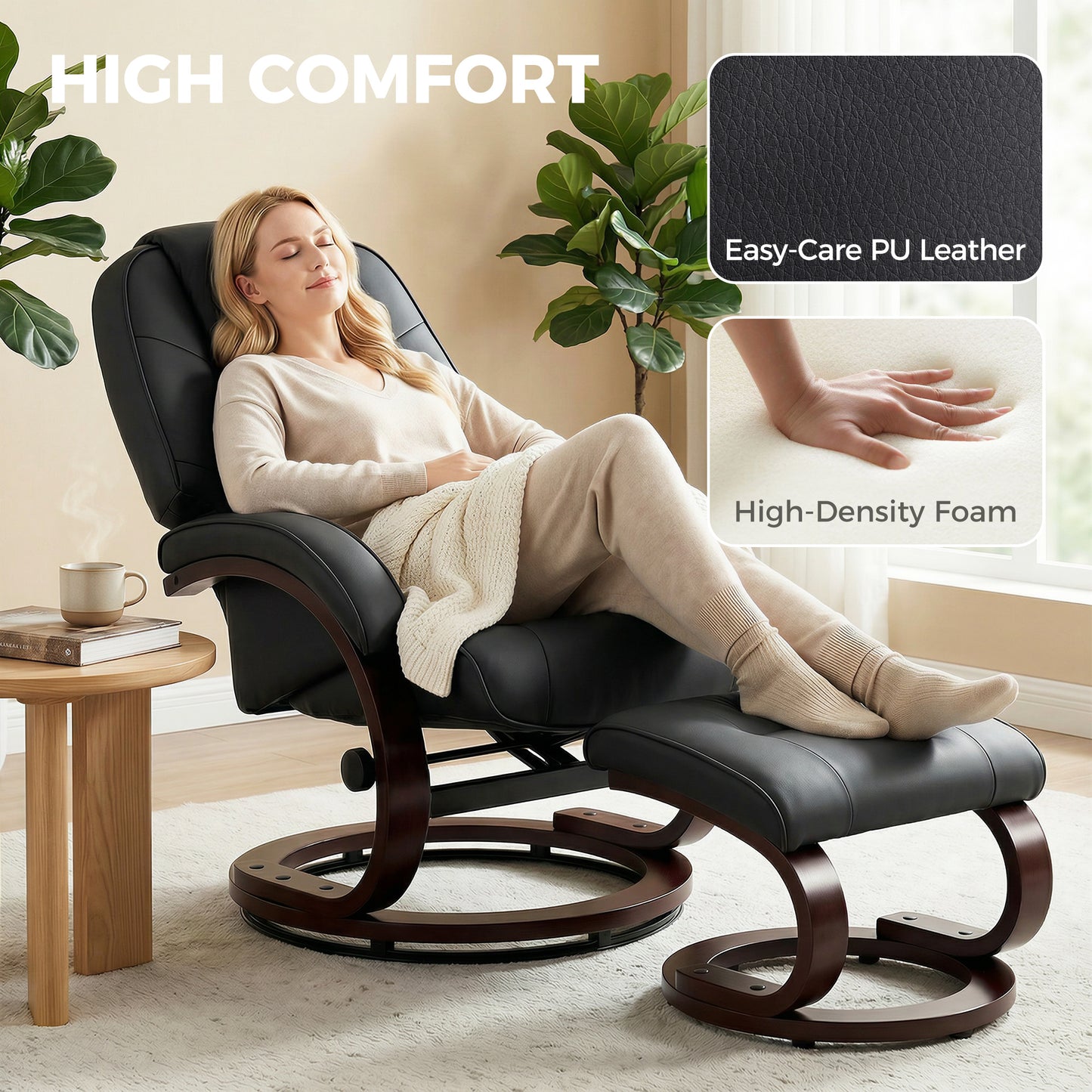 HOMCOM Swivel Recliner Chair With Footstool PU Leather Adjustable Back Wood Frame Black