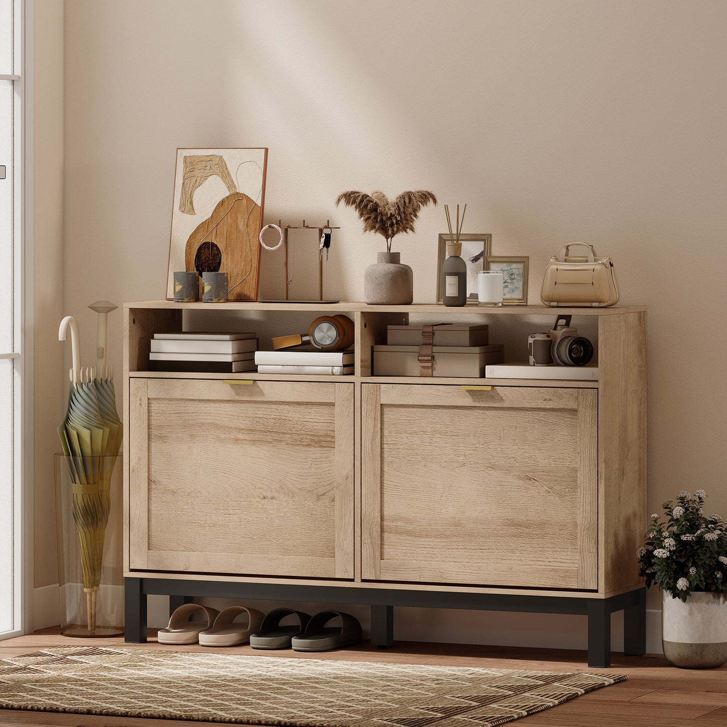 HOMCOM Walnut Brown Shoe Cabinet With 2 Flip Down Drawers Narrow Entryway Hallway Shoe Storage