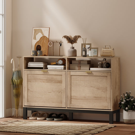 HOMCOM Walnut Brown Shoe Cabinet With 2 Flip Down Drawers Narrow Entryway Hallway Shoe Storage