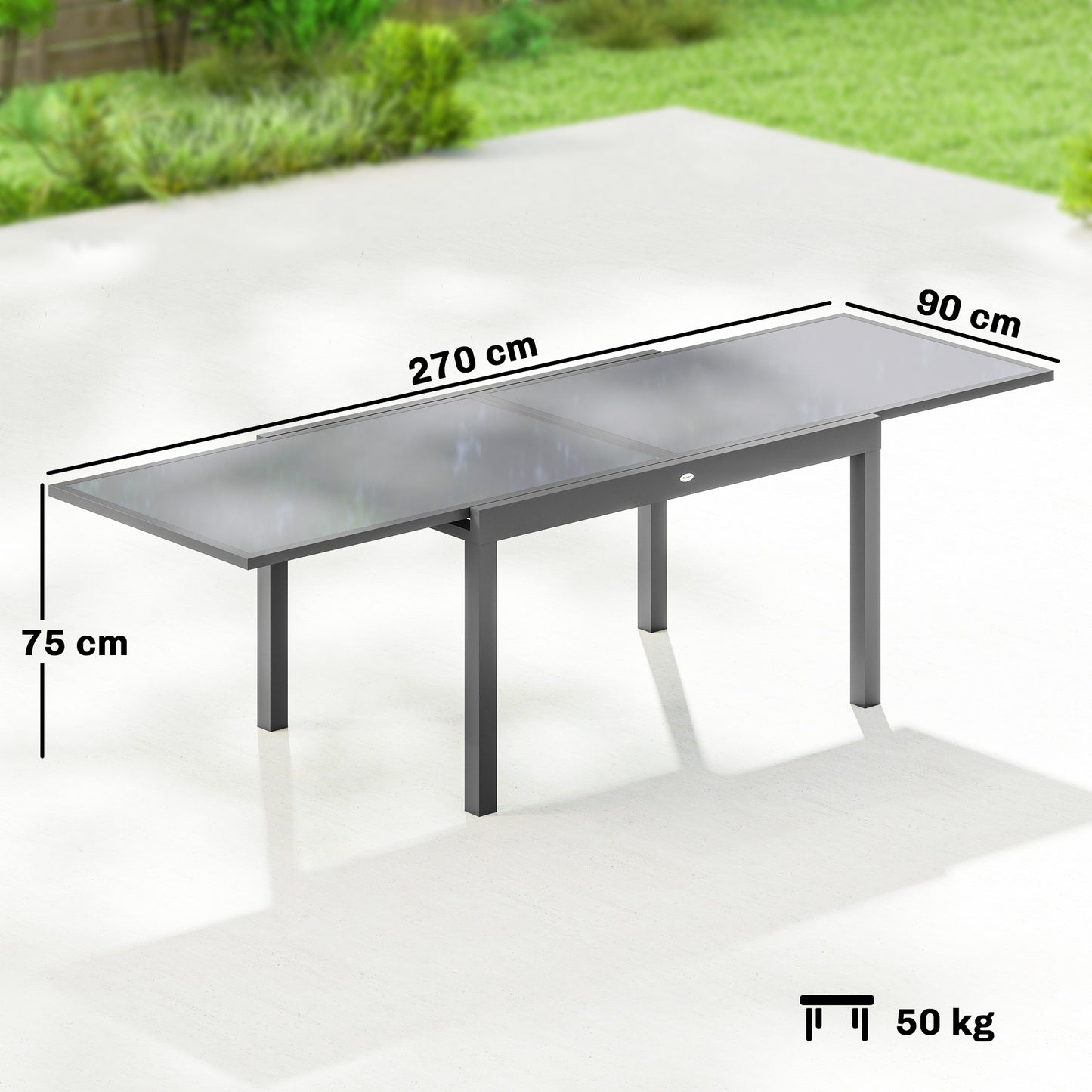 Outsunny Extending Garden Table for 6 to 10 People Aluminum Outdoor Dining Table with Tempered Glass Top Grey