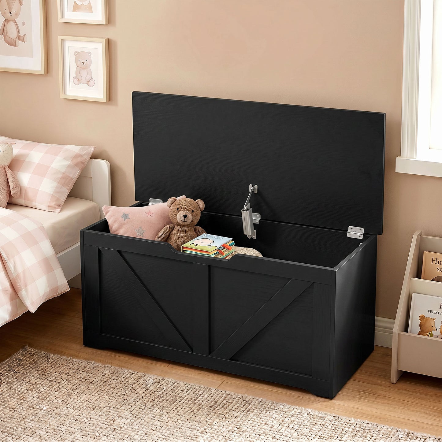 HOMCOM 100L Storage Box Bench With Safety Hinge Black Wood Effect Chest For Living Room