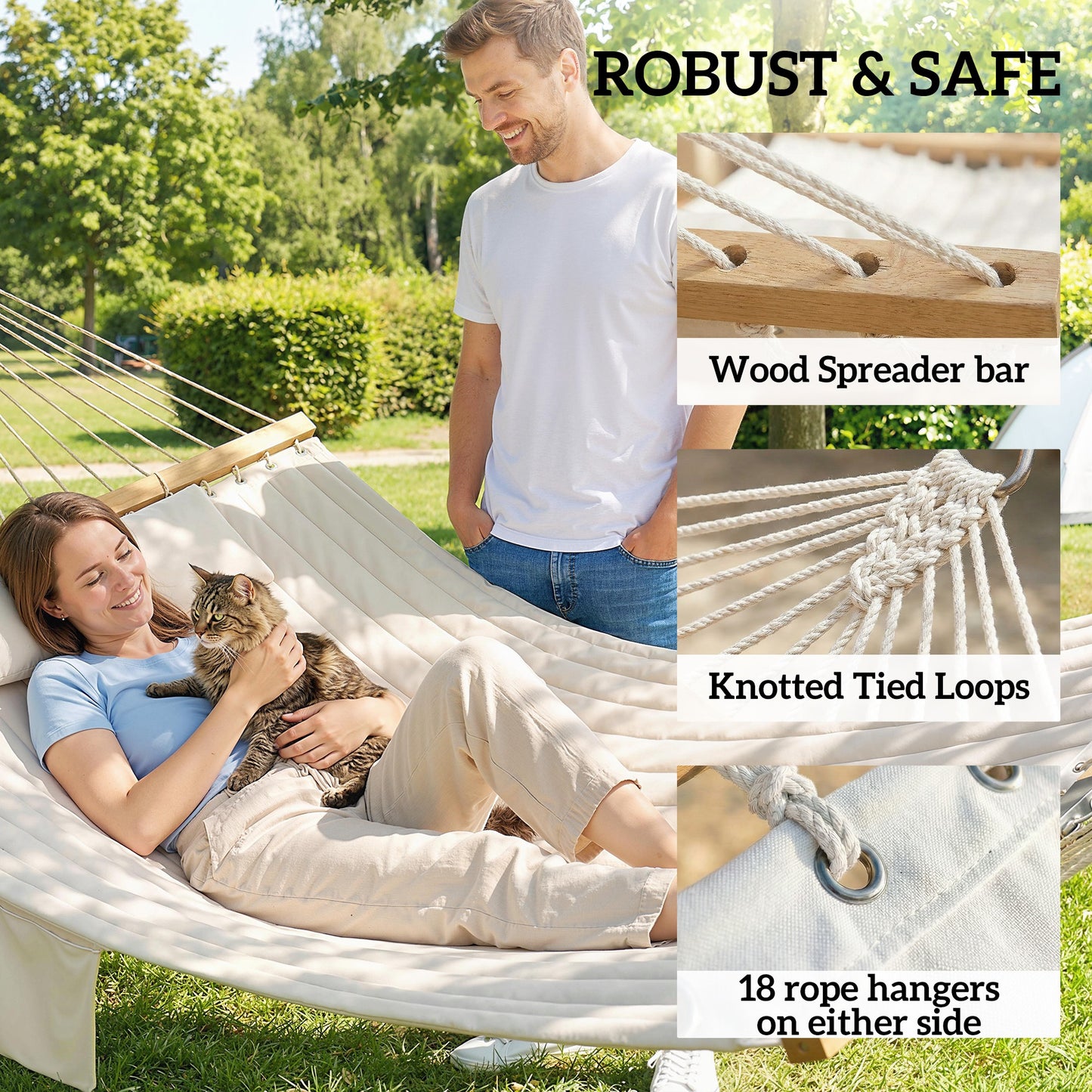 Outsunny Double Hammock With Stand For Two 200x140cm Cream White Cushioned Bed With Spreader Bars Pillows And Pad
