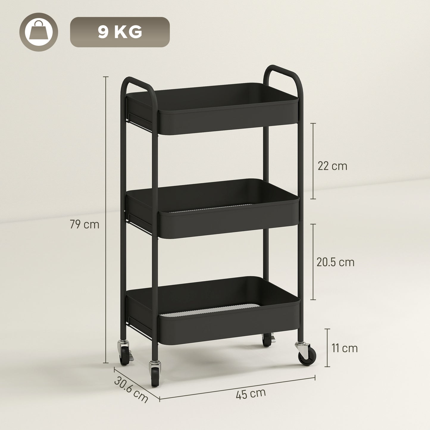 HOMCOM Three Tier Steel Storage Trolley Black Rolling Cart With Three Baskets For Home Kitchen Laundry Office