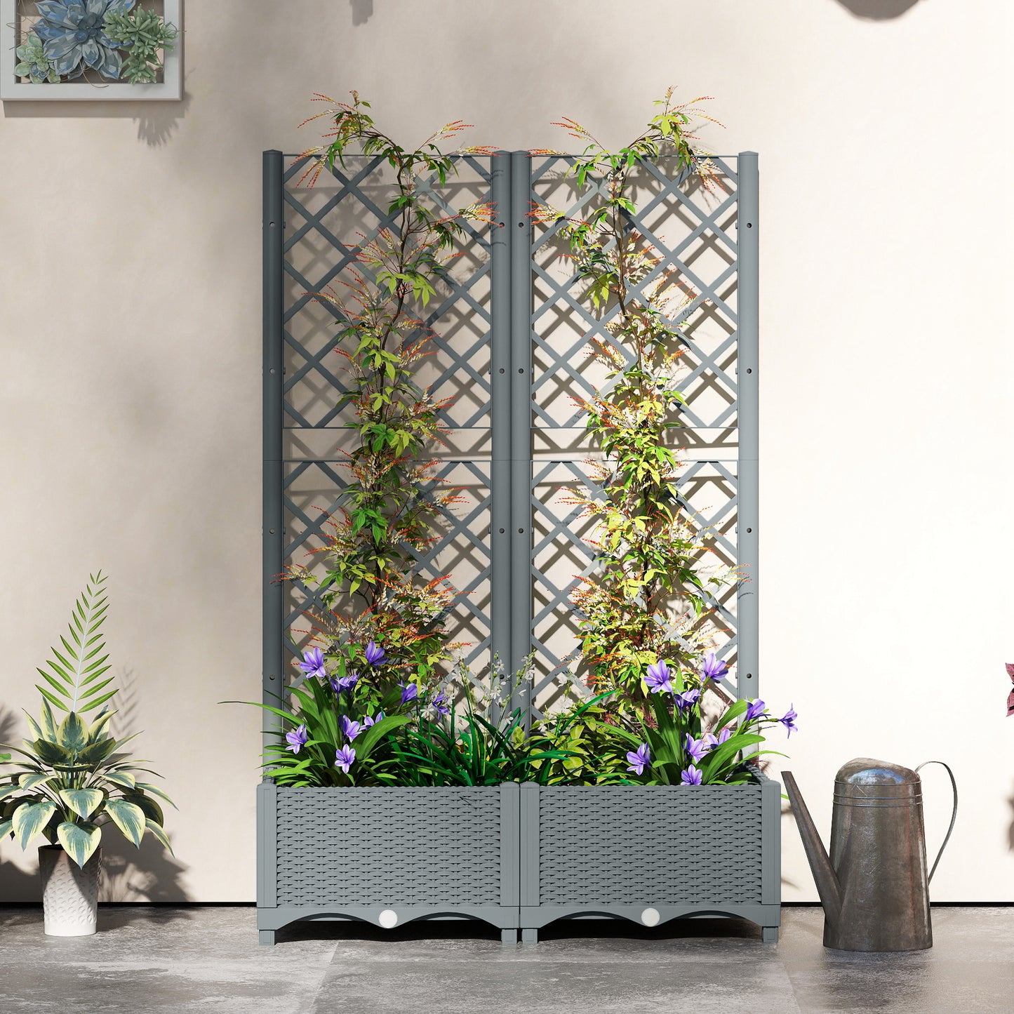 Outsunny Raised Garden Bed With Trellis For Climbing Plants Grey Plastic Planter Box With Drainage Holes And Reservoirs