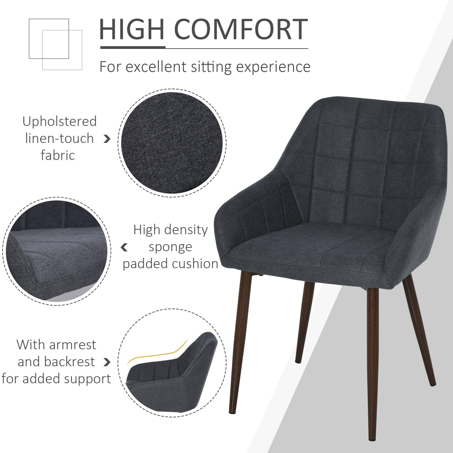 HOMCOM 2-Pcs Linen-Touch Dining Chairs w/ Cushion, Steel Leg, & Armchair - ALL4U RETAILER LTD