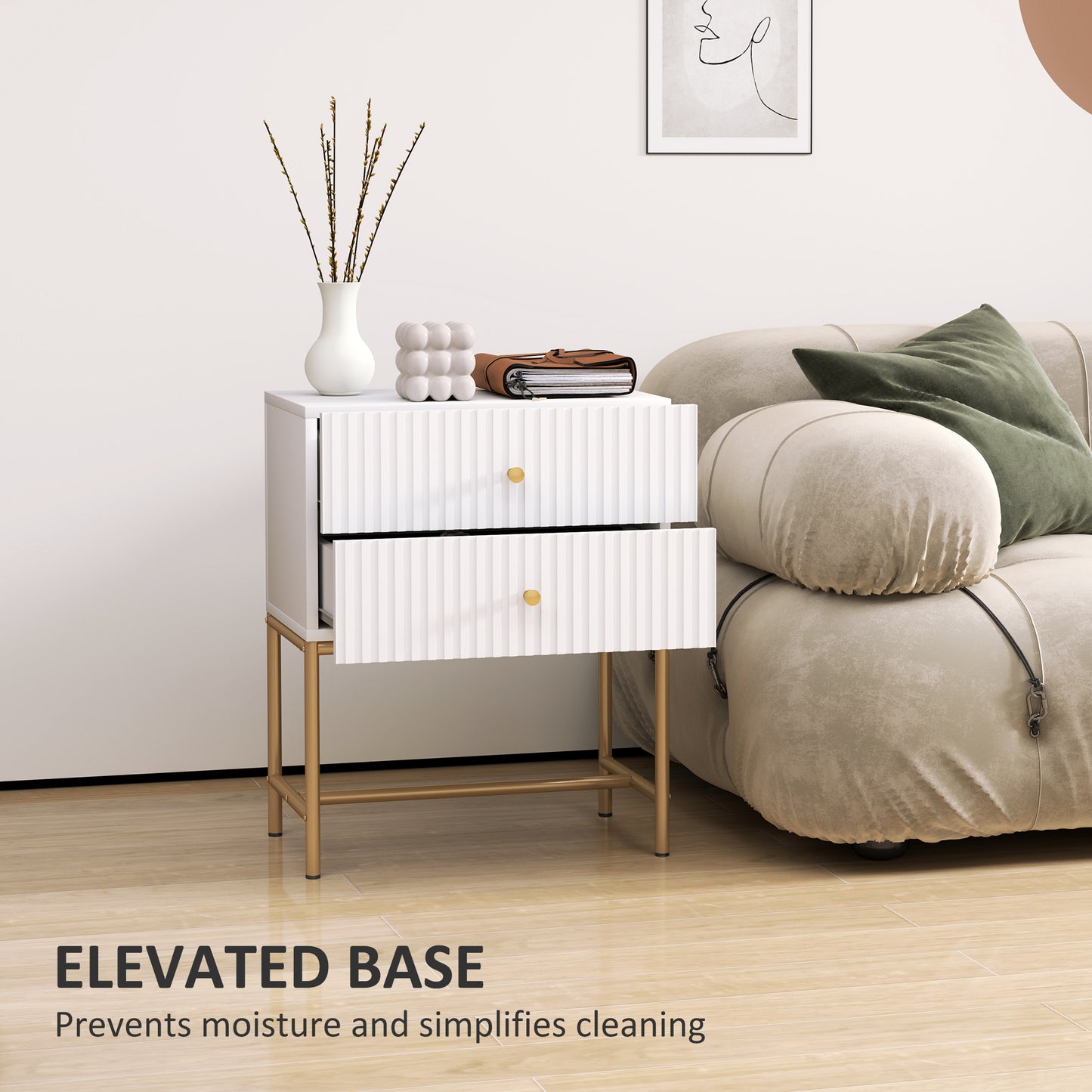 HOMCOM Elegant Two Drawer Bedside Table White With Gold Tone Handles And Metal Base