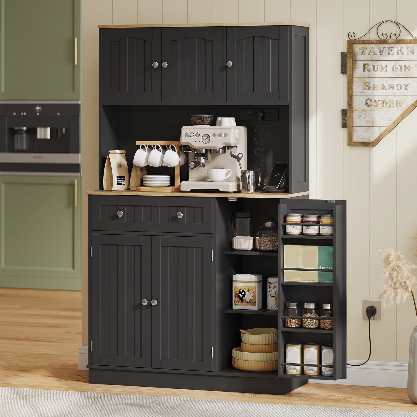 HOMCOM 173 CM Tall Kitchen Cupboard With Charging Station And Adjustable Shelves Four Door Pantry Racks