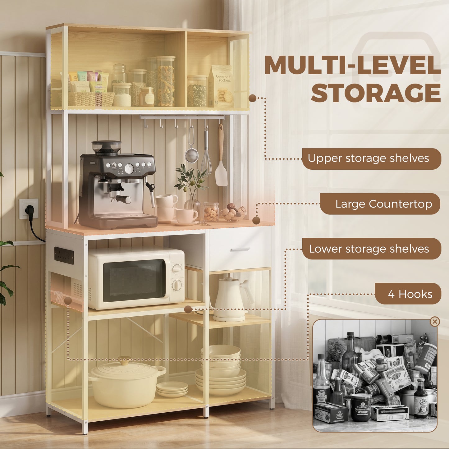 Homcom Kitchen Storage Rack With USB Outlet Drawer Oak White