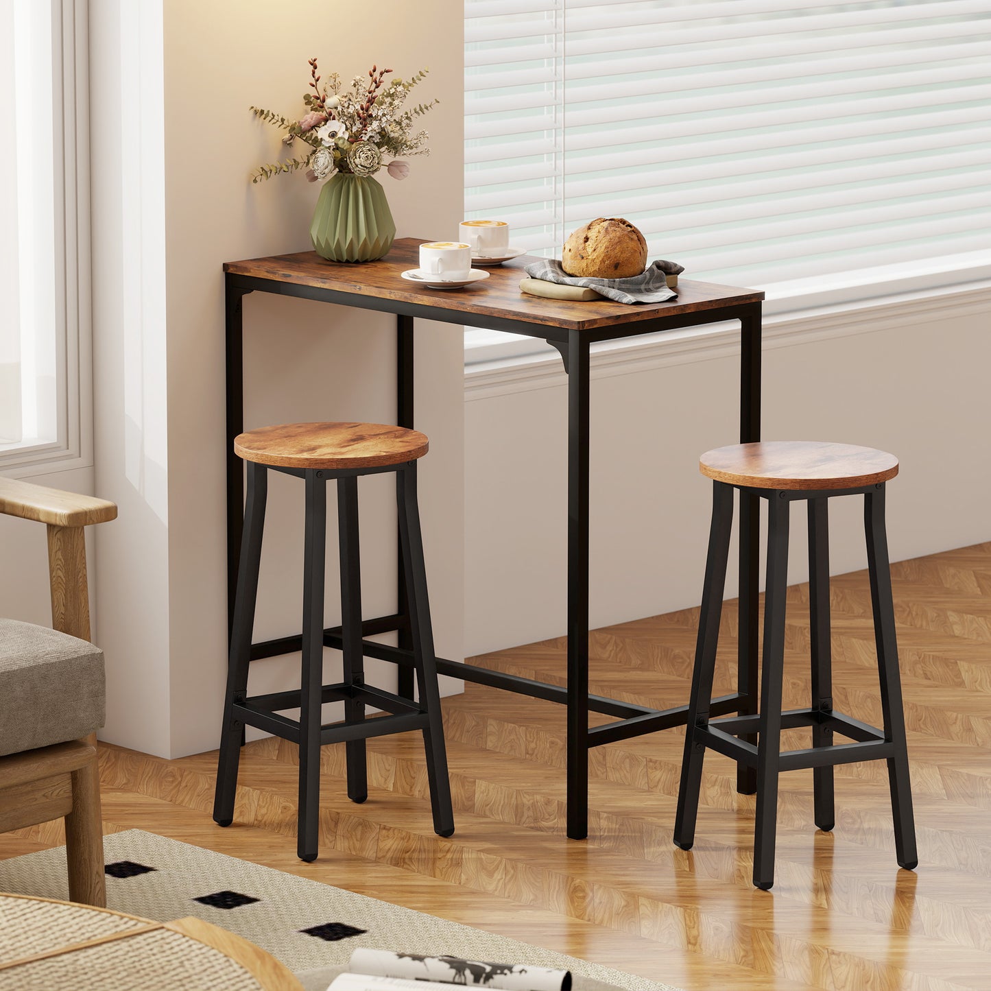 HOMCOM Breakfast Bar Stools Set of 2 with Footrest Industrial Round Rustic Brown 32 x 32 x 65 cm