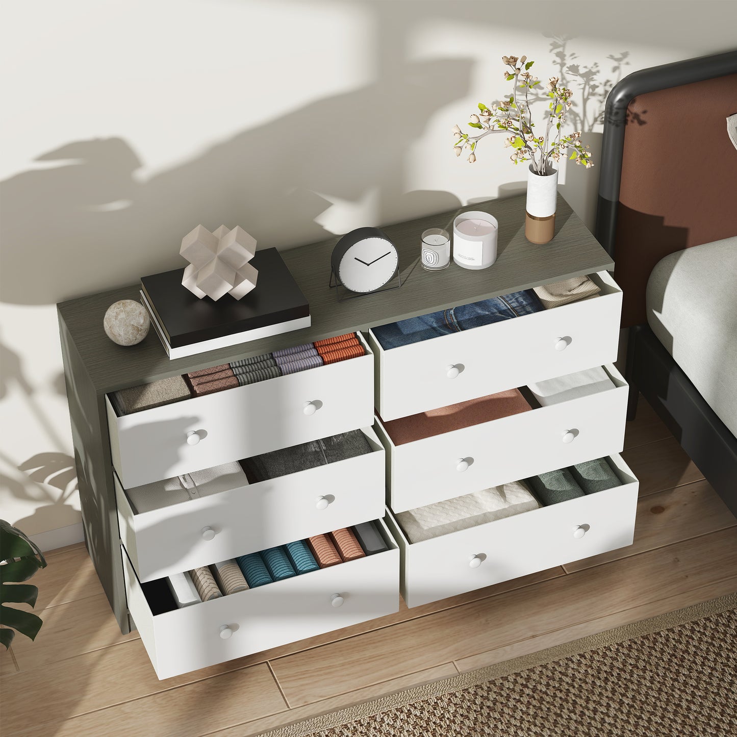 HOMCOM Six Drawer Fabric Dresser Chest White and Grey Wood Effect MDF and Steel Frame