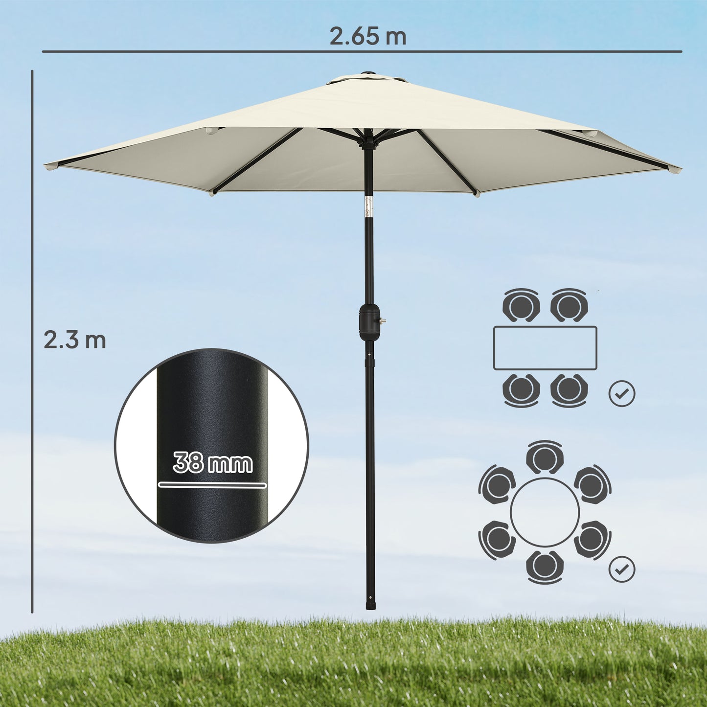 Outsunny 2.6m Garden Parasol Umbrella With Aluminium Pole Tilt Crank Vent Cream White