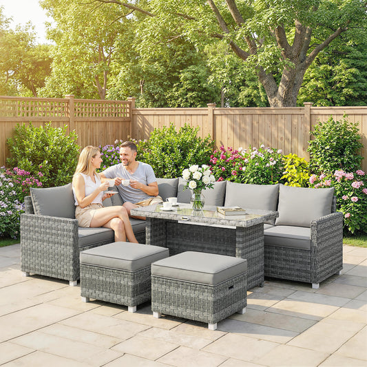 Outsunny 6 Seater L Shaped Rattan Garden Furniture Set With 3 Sofas 2 Footstools And Dining Table Grey