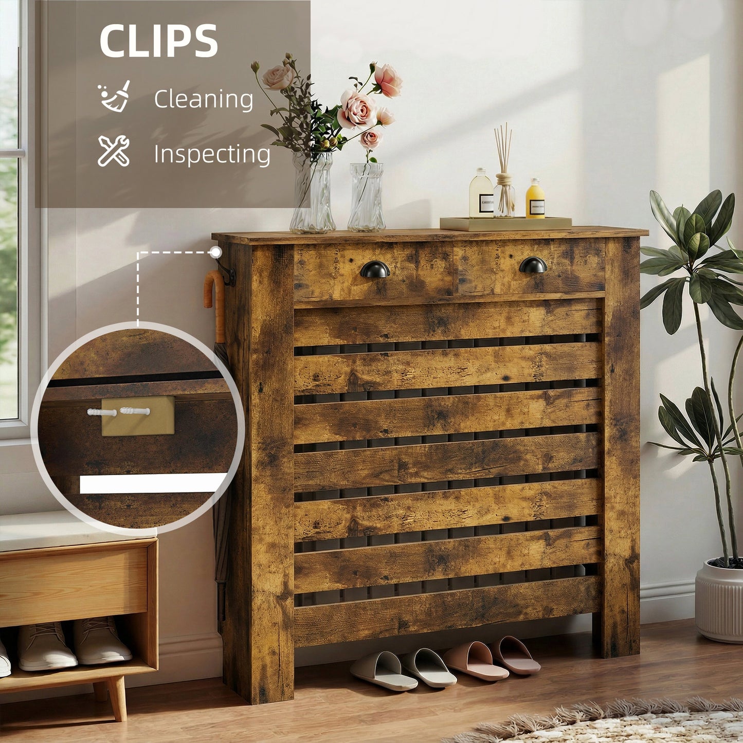 HOMCOM Rustic Brown Radiator Cover With Drawer 95.5 Centimeter High 111 Centimeter Wide Slatted Design