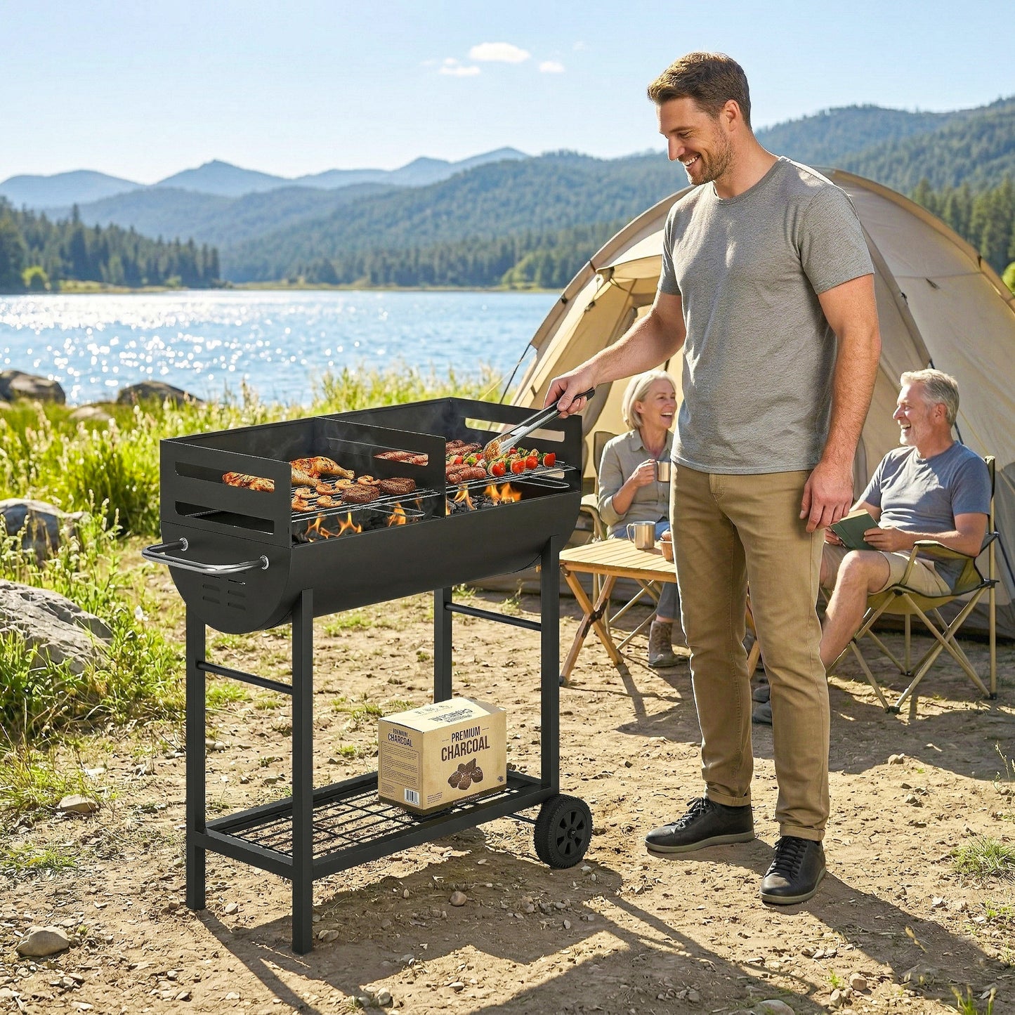 Outsunny Charcoal Grill With Dual Cooking Zones Portable BBQ Trolley Wheels Height Adjustable Grates And Bottom Shelf