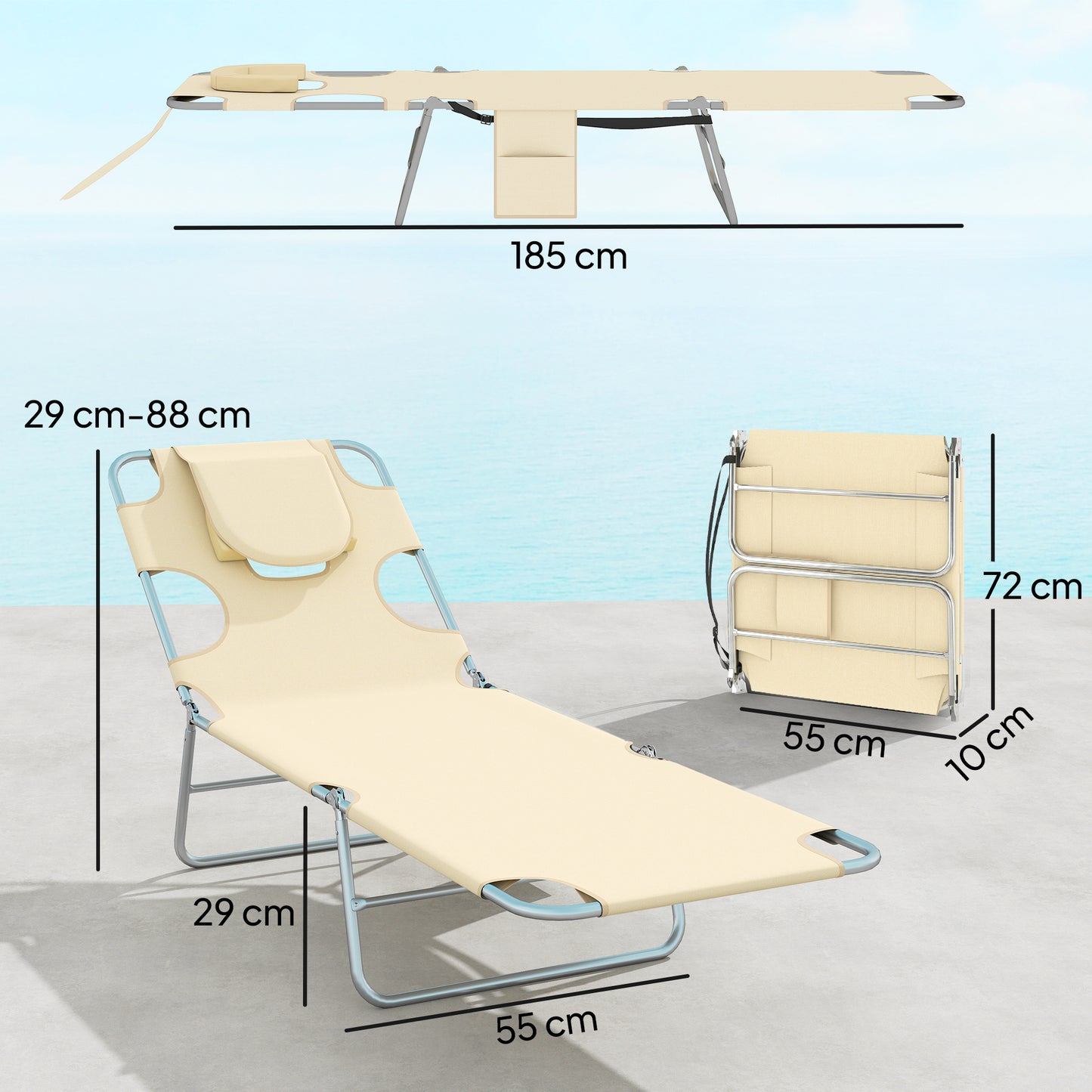 Outsunny 5 Position Adjustable Sun Loungers Set Of 2 With Reading Hole And Side Pocket Beige
