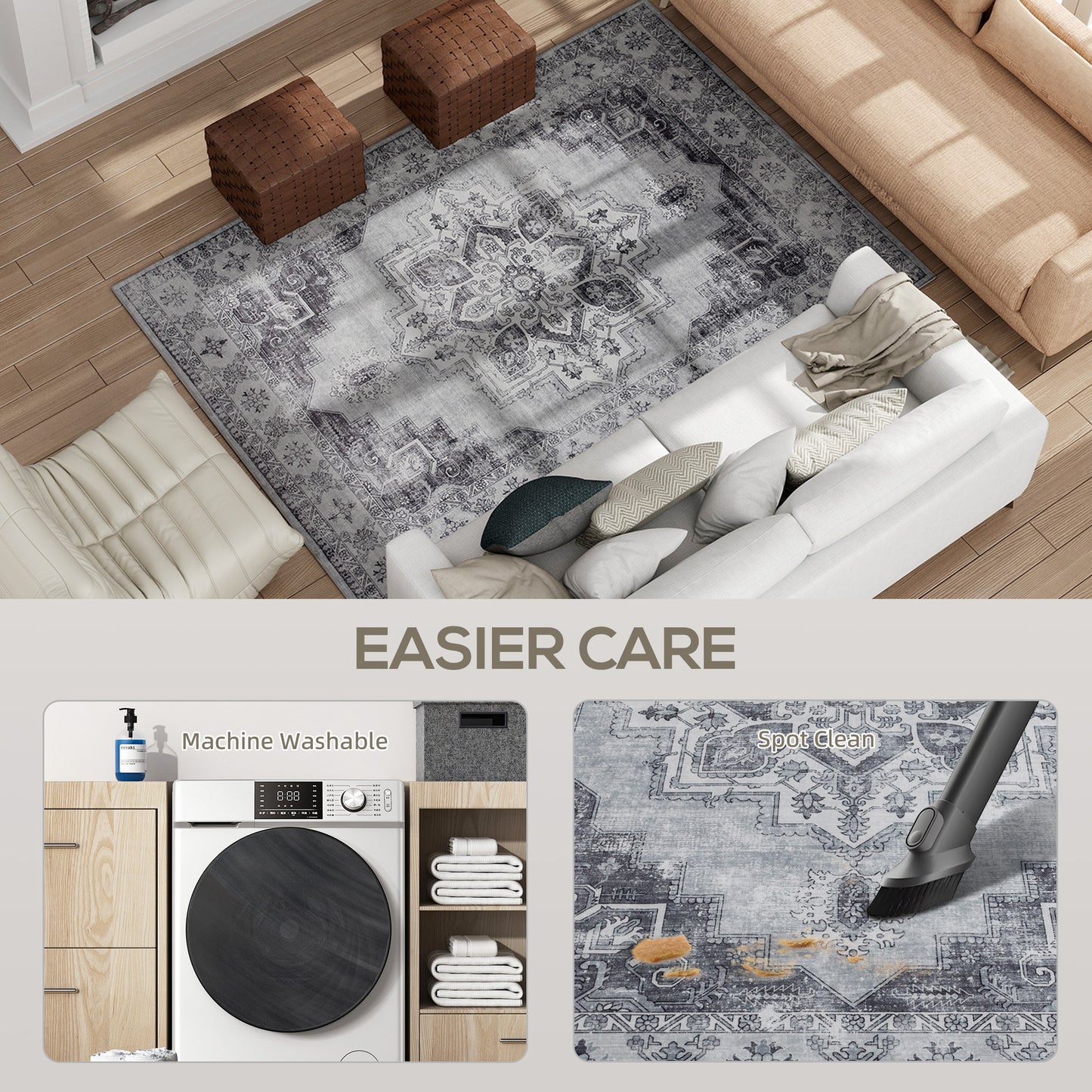 HOMCOM Vintage Area Rug Non Slip Washable Flannel Floor Carpet For Living Room And Bedroom Grey 230 X 160 Cm