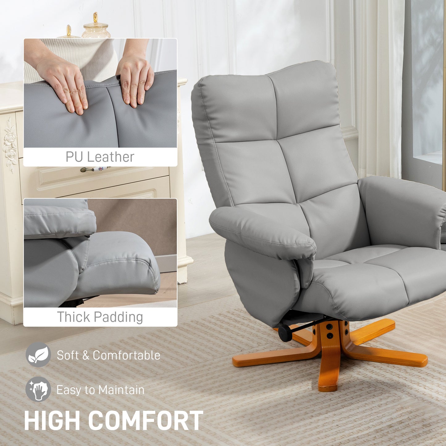 HOMCOM PU Leather Swivel Recliner Chair With Footstool And Hidden Storage For Living Room, Wooden Base, Light Grey