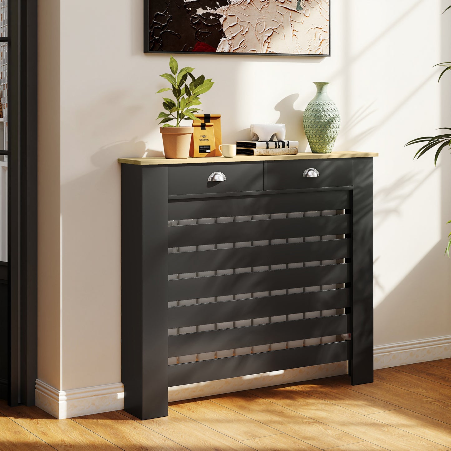 HOMCOM Radiator Cover With Drawer Black 95.5H X 111W cm Slim Slatted MDF And Particle Board