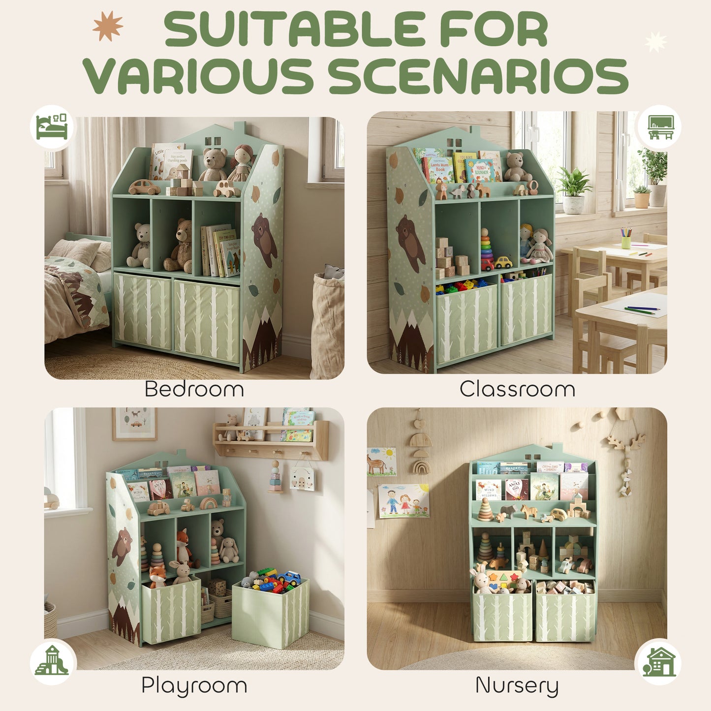 AIYAPLAY Kids Bookshelf with Storage and Fabric Drawers for Playroom and Nursery Green Book Display Unit