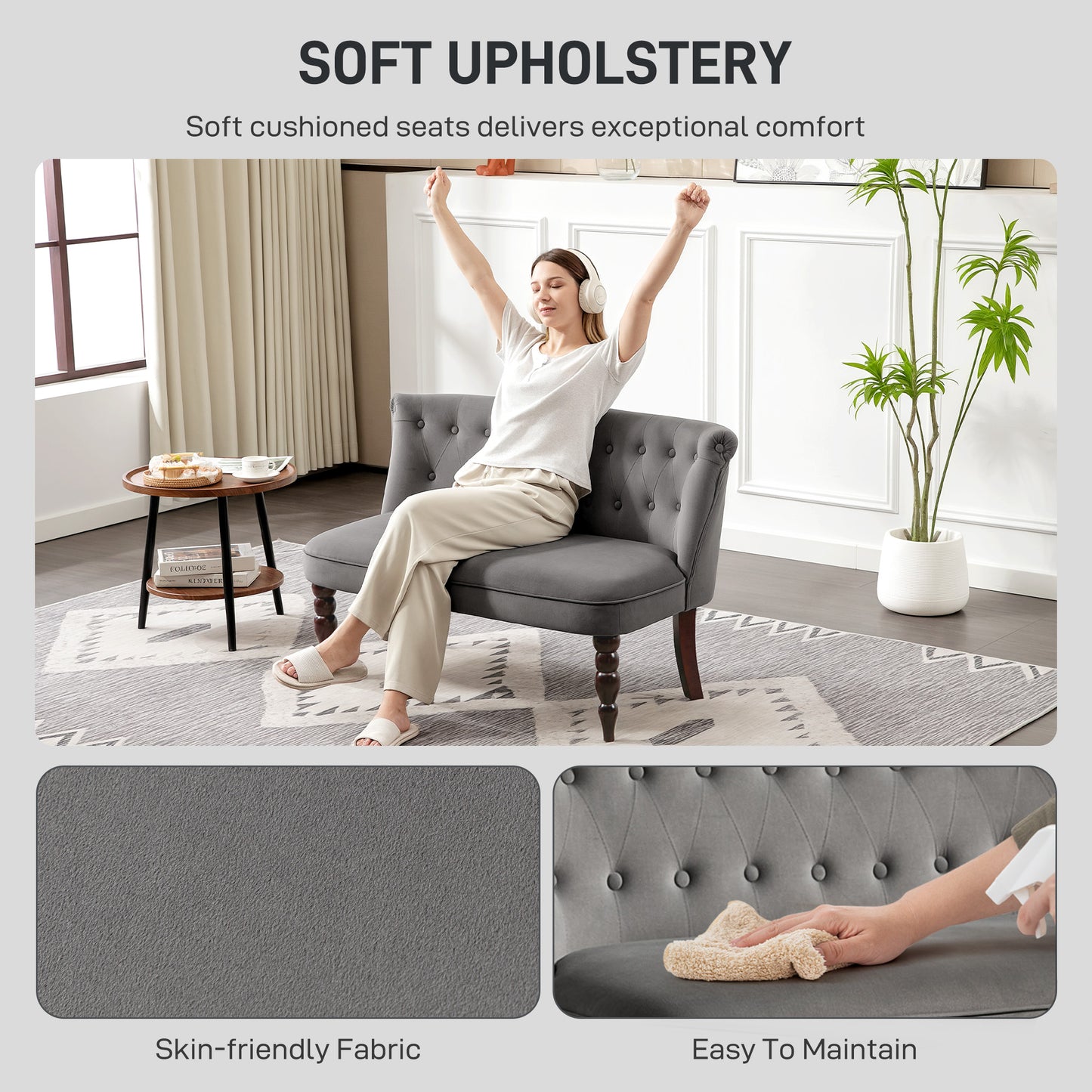 HOMCOM Velvet 2 Seater Sofa With Button Tufted Wingback Loveseat Rubber Wood Legs Charcoal Grey For Living Room
