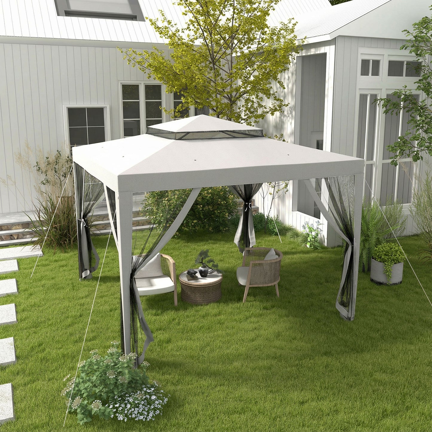 Outsunny 3 x 3 M Gazebo With Netting Mesh Sidewalls Double Tier Roof Patio Canopy Outdoor Event Shelter Light Grey