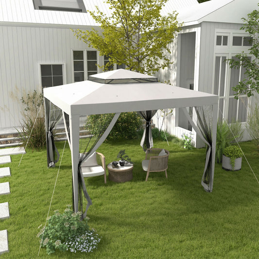 Outsunny 3 x 3 M Gazebo With Netting Mesh Sidewalls Double Tier Roof Patio Canopy Outdoor Event Shelter Light Grey