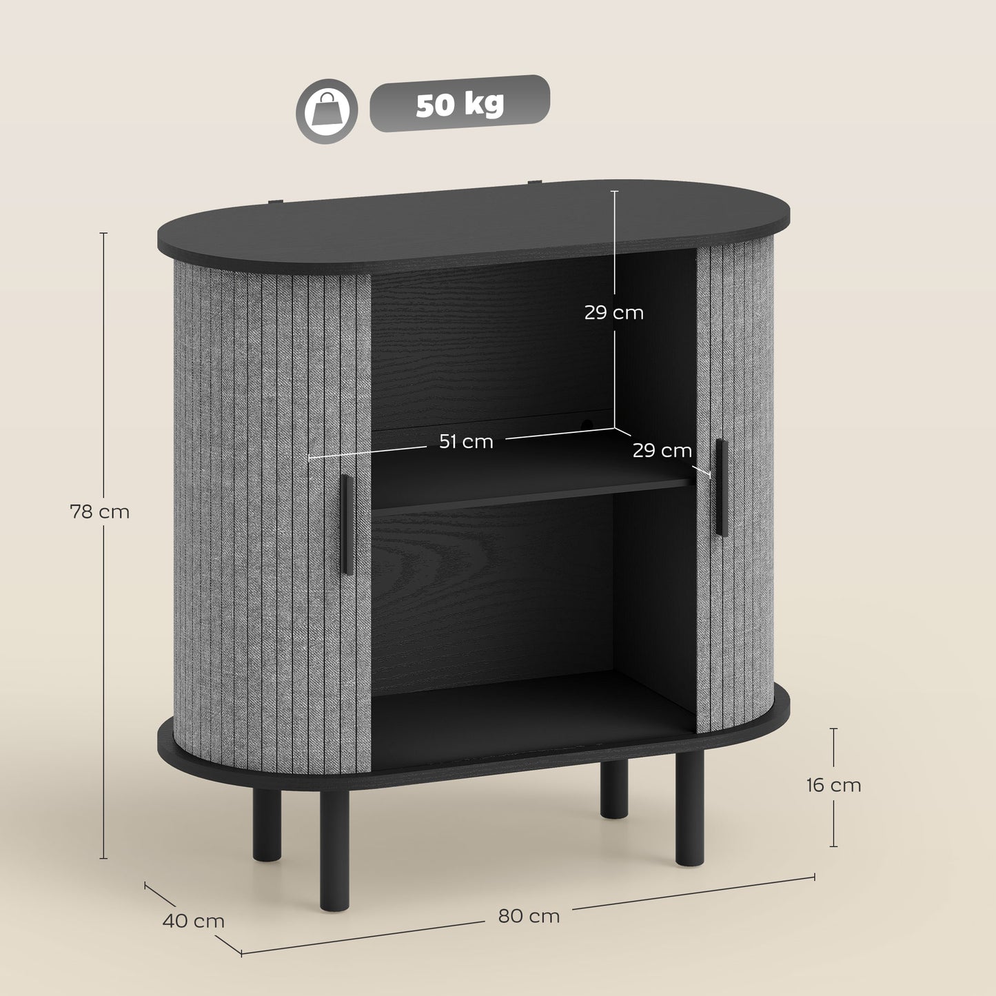 HOMCOM Tambour Sideboard With Fluted Sliding Doors Modern Kitchen Cupboard With Storage Shelves And Wooden Legs Grey