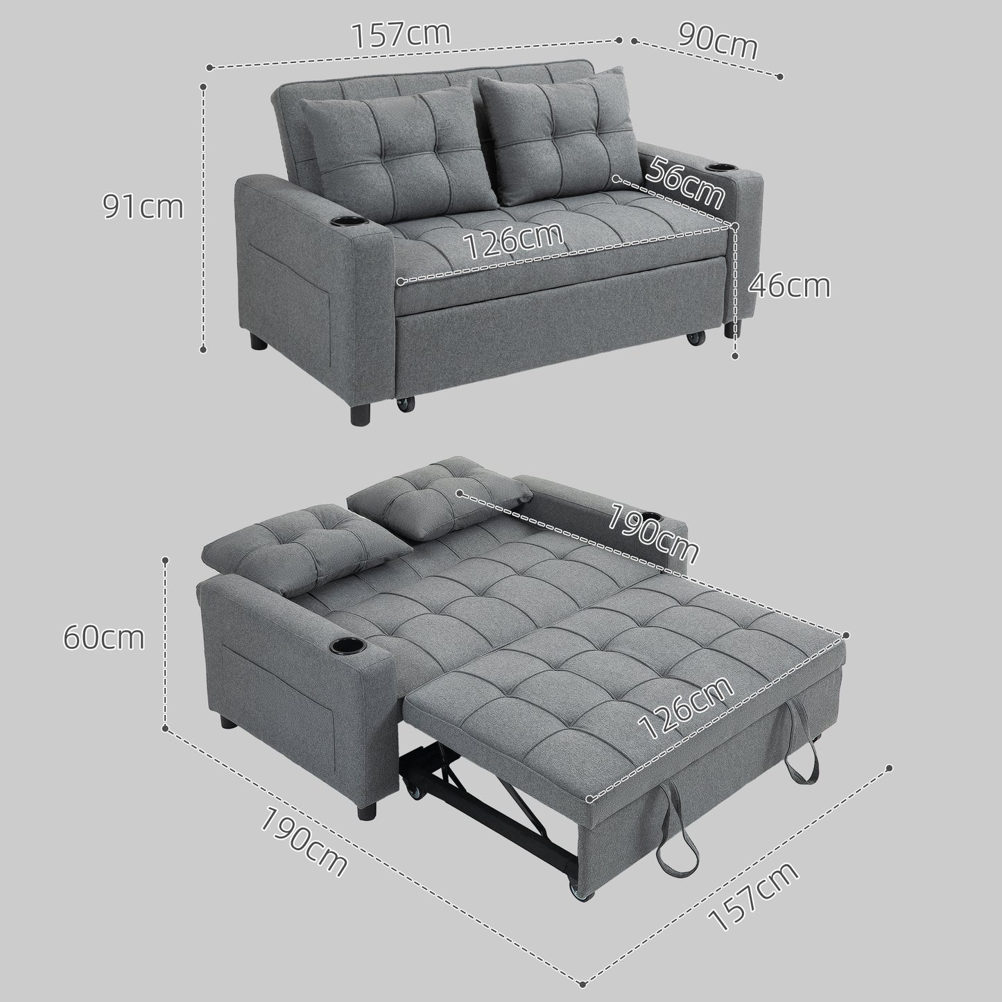 HOMCOM Two Seater Pull Out Sofa Bed Charcoal Grey Adjustable Back Linen Look Upholstery