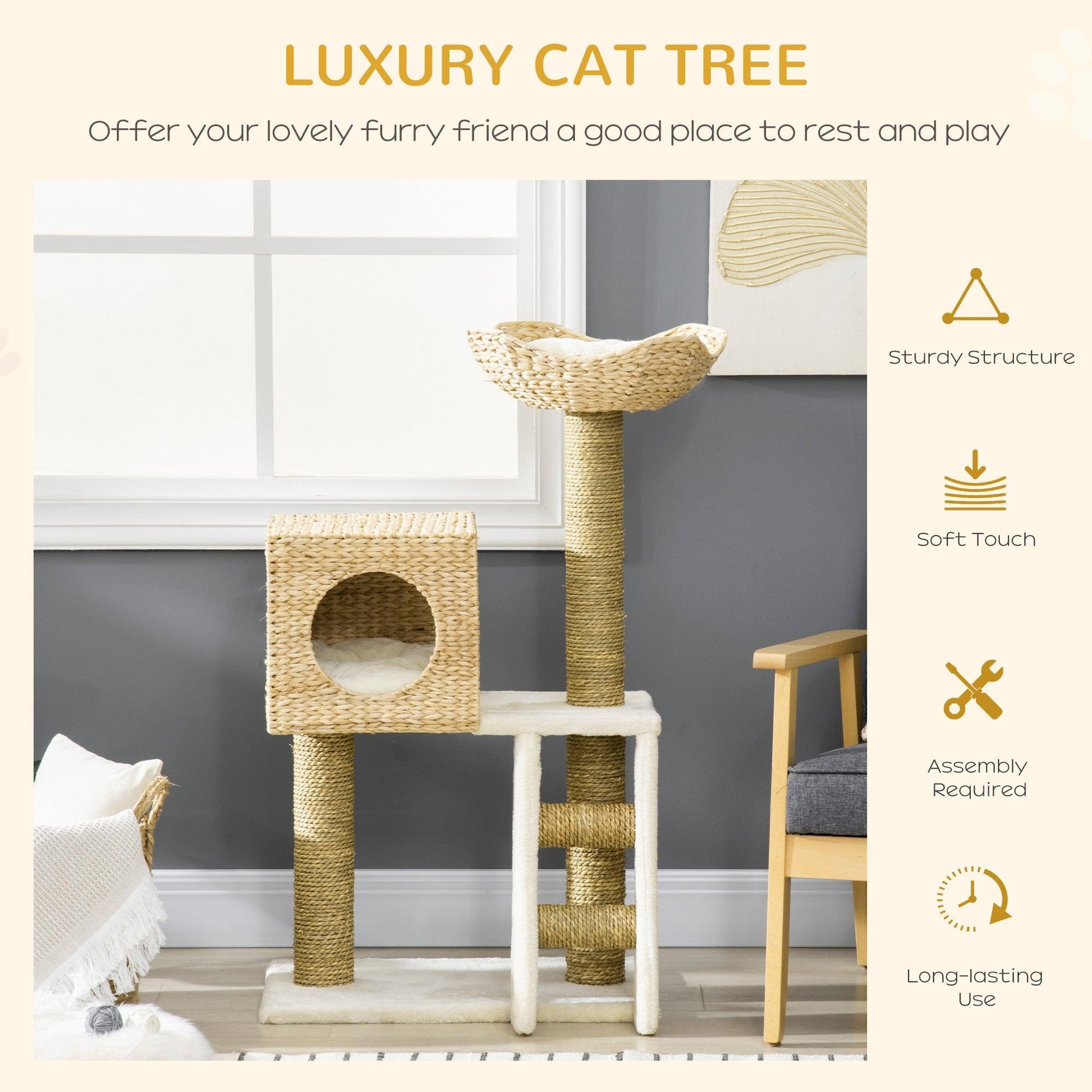 PawHut Cat Tree Tower Cattail Weave w/ Scratching Posts House Bed Cushion, Natural - ALL4U RETAILER LTD